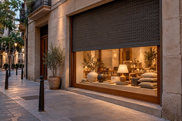 Botiga de decoració amb la persiana mig abaixada i l’aparador il·luminat