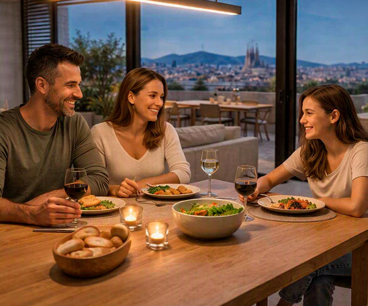Família sopant amb il·luminació càlida i vistes a l’exterior al vespre